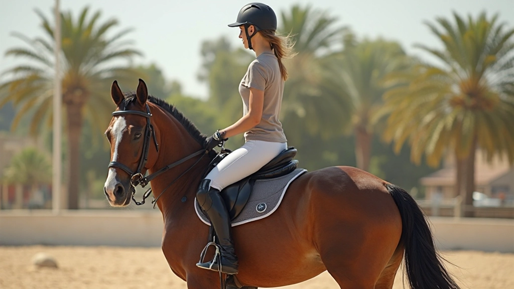 فارس في موقف جلوس مثالي على حصان، يظهر الاستقامة الصحيحة والموضع الأمثل للجسد
