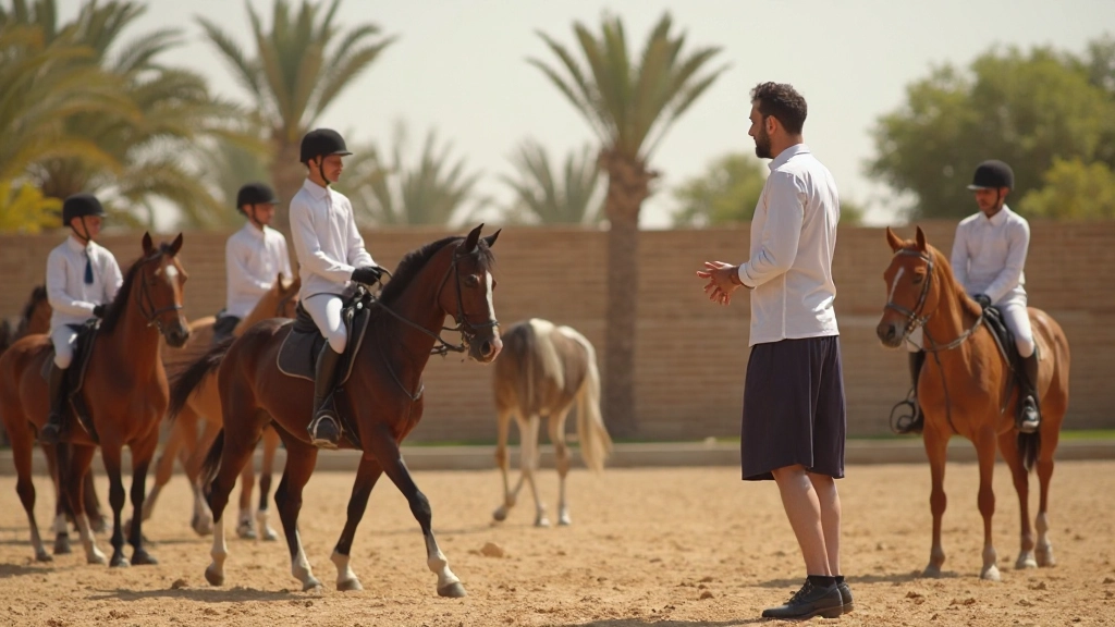 مدرب فروسية مصري يعمل مع فارس في حلبة تدريب مجهزة