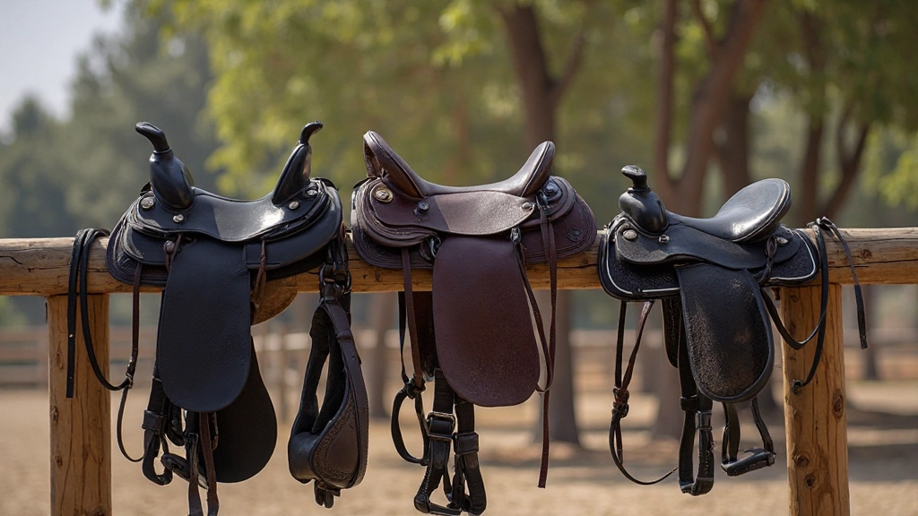 معدات الفروسية الاحترافية موضوعة بعناية على سياج حلبة التدريب