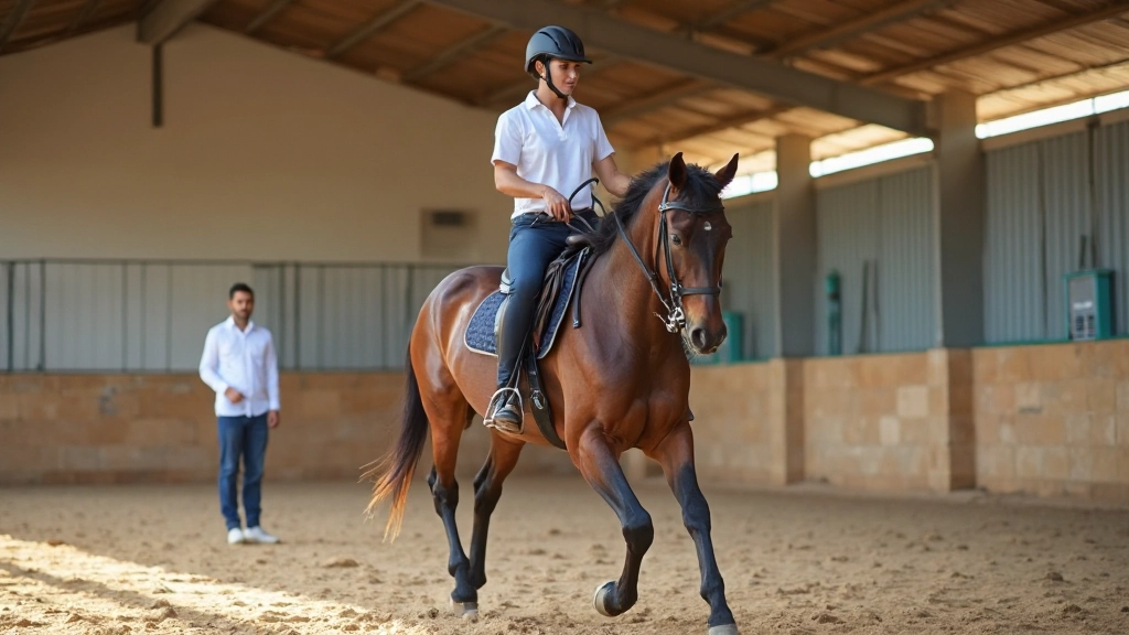 فارس يمارس تمارين التوازن المتقدمة على ظهر الحصان بمساعدة مدرب متخصص